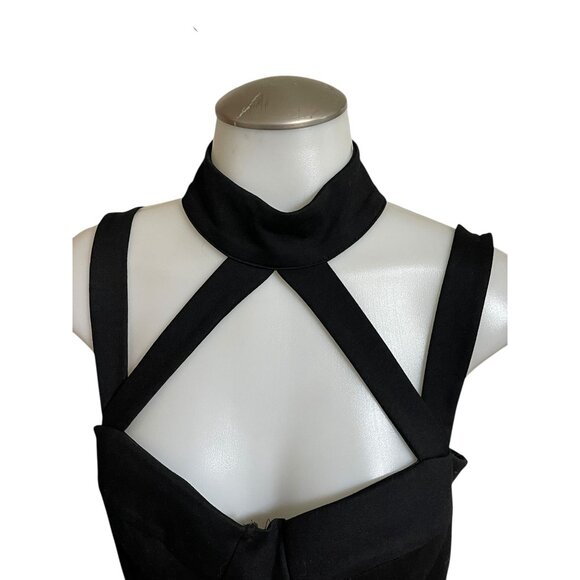 Halter Neck Black Bodycon Midi Dress With Strappy Cutout Detail & Back Zipper Cl - Picture 4 of 12